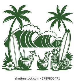 Vibrant vector illustration of a tropical beach scene featuring palm trees, coconuts, pineapples, and surfboards for a fun vacation theme.