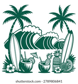Vibrant vector illustration of a tropical beach scene featuring palm trees, coconuts, pineapples, and surfboards for a fun vacation theme.