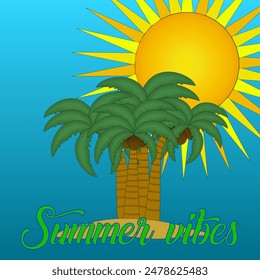 Vibrant vector illustration of a tropical island with palm trees and a bright sun, capturing the essence of summer vibes.