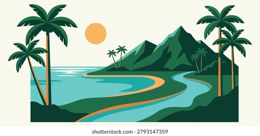 Vibrant vector illustration of a tropical landscape featuring palm trees, a serene bay, a winding river, majestic mountains, and a bright sun in the sky.