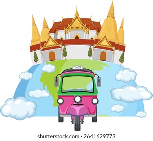 Vibrant vector illustration of a tuk-tuk and Thai temple on a globe. Bright colors and whimsical style enhance cultural elements