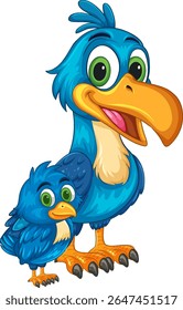 Vibrant vector illustration of two cartoon hornbills with large eyes and playful expressions, featuring bold colors and clean lines