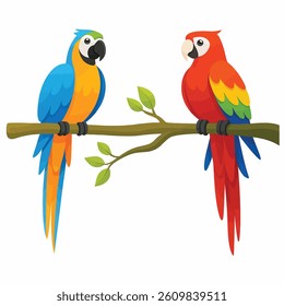 A vibrant vector illustration of two colorful parrots perched on a branch, featuring a blue-and-yellow macaw and a scarlet macaw. Perfect for tropical, nature, or wildlife-themed designs.