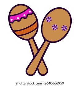 A vibrant vector illustration of two crossed maracas, one adorned with pink and orange stripes, the other with purple flowers, showcasing a playful and festive design ideal for Day of the Dead cele...