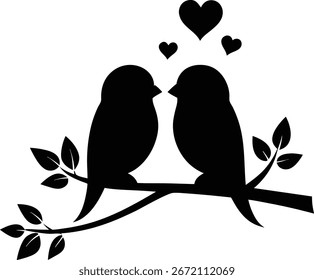 A vibrant vector illustration of two cute birds in love, perched on a tree branch among heart-shaped blossoms