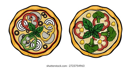Ilustração vetorial vibrante de duas deliciosas pizzas com coberturas frescas como brócolis, pimentões, cogumelos, azeitonas e manjericão.