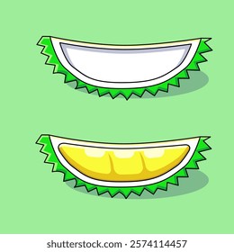 A vibrant vector illustration of two durian slices on a light green background. The top slice is empty, while the bottom slice displays its yellow flesh. Simplistic and modern.