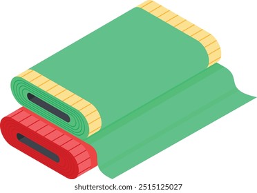 A vibrant vector illustration of two fabric bolts, one in green and the other in red, neatly rolled. This design is ideal for representing sewing, textile manufacturing, fashion design.