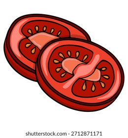 Ilustração vetorial vibrante de duas fatias suculentas de tomate com sementes e polpa visíveis, apresentadas sobre um fundo branco limpo.