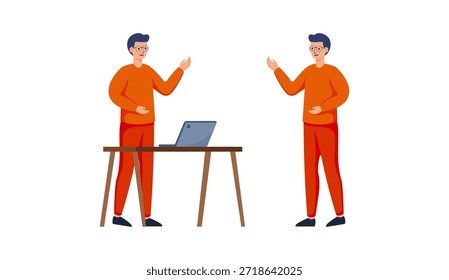 A vibrant vector illustration of two people collaborating to solve problems together. One person stands thoughtfully while the other gestures ideas near a laptop on a desk. Perfect for concepts like teamwork, brainstorming, partnership, business collaboration, creative thinking, or overcoming challenges in a modern flat-style design. 
