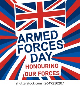 Vibrant vector illustration for UK Armed Forces Day featuring the bold Union Jack, dynamic red-white-blue stripes, and striking typography honoring military service-ideal for posters and banners 