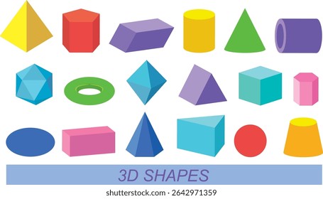 Vibrant vector illustration of various 3D geometric shapes in bold colors. Perfect for educational materials and design projects