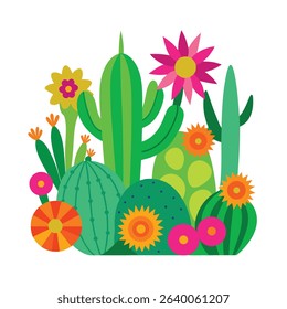 Vibrant vector illustration of various colorful cactus and desert flowers