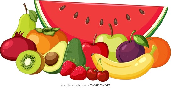 Lebendige Vektorgrafik verschiedener frischer Früchte, die zusammen angeordnet sind, mit kräftigen Farben, sauberen Umrissen und flachem Design für gesunde Lebensmittelkonzepte