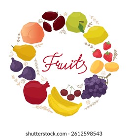 Vibrant vector illustration of various fruits forming a circular wreath around the word Fruits in elegant script. Includes bananas, strawberries, grapes, and other fruits in vivid colors.
