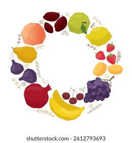 Vibrant vector illustration of various fruits forming a circular wreath. Includes bananas, strawberries, grapes, and other fruits in vivid colors.