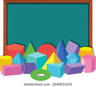 Vibrant vector illustration of various geometric shapes in front of a chalkboard. Bright colors and clean lines enhance educational appeal