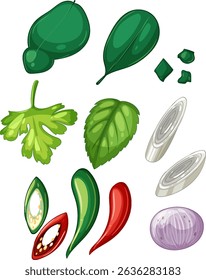 Vibrant vector illustration of various herbs and spices in a flat style. Includes basil, cilantro, chili, and onion slices