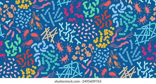 Vibrant vector illustration of various microorganisms, including beneficial bacteria and probiotics.