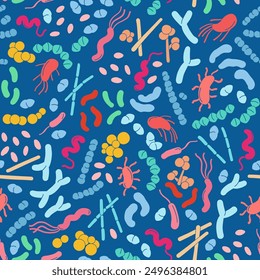 Vibrant vector illustration of various microorganisms, including beneficial bacteria and probiotics.