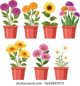 Vibrant vector illustration of various potted flowers with detailed leaves and petals, showcasing a diverse range of colors and styles