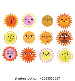 A vibrant vector illustration of various sun designs with smiling faces in different colors and styles.