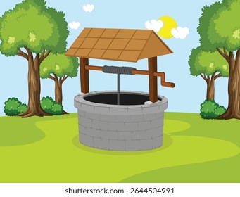 Vibrant vector illustration of a water well in a green landscape with trees under a sunny sky.