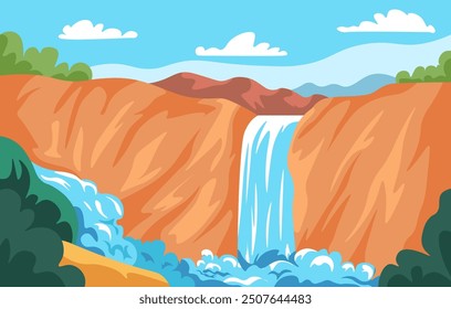 A vibrant vector illustration of a waterfall cascading through a red canyon under a bright blue sky. Perfect for nature, adventure, or travel-related designs.