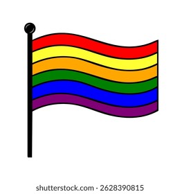 Vibrant vector illustration of a waving rainbow flag on a pole, featuring bold outlines and distinct color separation for a striking graphic design element.