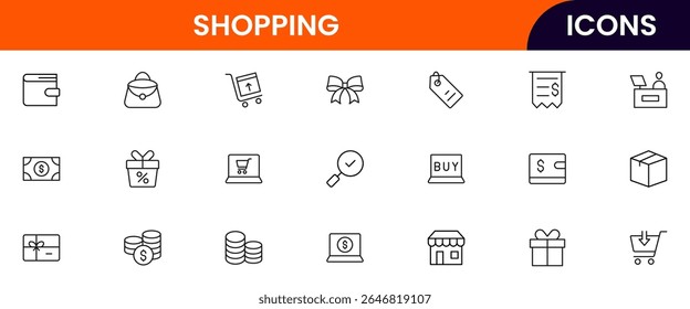 A vibrant Vector illustration web line icon collection for shopping, featuring sleek, minimalist designs perfect for e-commerce UI, UX, websites, and apps, ensuring high-quality visuals.