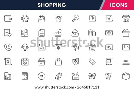 A vibrant Vector illustration web line icon collection for shopping, featuring sleek, minimalist designs perfect for e-commerce UI, UX, websites, and apps, ensuring high-quality visuals.