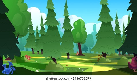 Vibrante ilustración vectorial de un caprichoso bosque de caza con varios árboles y setas bajo un cielo claro, invocando un sentido de aventura y exploración.