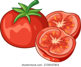 Ilustração vetorial vibrante de um tomate vermelho inteiro ao lado de duas fatias suculentas frescas