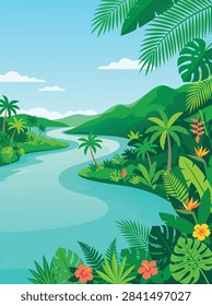 A vibrant vector illustration of a winding river flowing through a lush tropical rainforest with palm trees, exotic flowers, and rolling green hills.