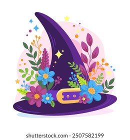 Vibrant vector illustration of a witch's hat with colorful flowers and leaves, blending magical and botanical elements. 