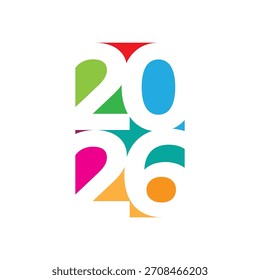 Una vibrante Ilustración vectorial del año 2026 representada en un diseño geométrico moderno, abstracto y colorido con recortes de espacio negativos que forman los números blancos contra un color brillante y multicolor