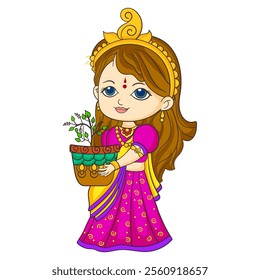 A vibrant vector illustration of a young girl in Radha's traditional attire, holding a pot with a sacred Tulsi plant, designed in a bright and colorful style.