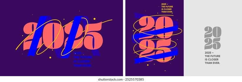 Vibrant vector illustrations featuring 2025 with futuristic typography, dynamic ribbons, and bold color combinations, ideal for modern promotional materials.