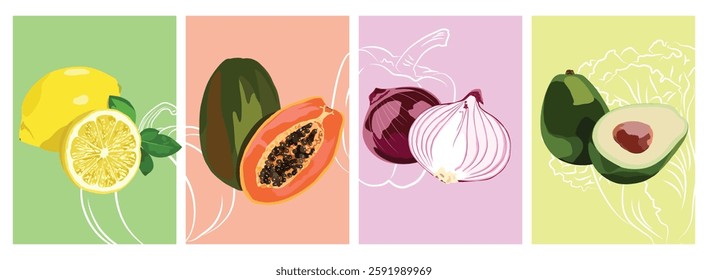 Vibrant vector illustrations of lemon, papaya, onion, and avocado on pastel backgrounds. Perfect for food and health-related designs.