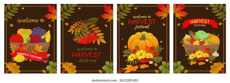 Vibrant vector illustrations showcasing welcome signs for a harvest festival with autumn leaves, pumpkins, and baskets of fruits. Perfect for seasonal marketing and celebration themes.
