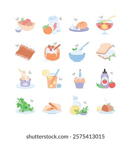 Vibrant vector illustrations of various foods and beverages, ideal for menus, recipes, and culinary themed designs