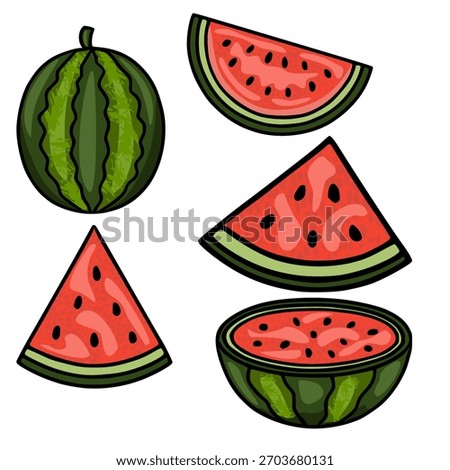 Vibrant vector illustrations of a whole watermelon and its slices, showcasing juicy red flesh and green rind with bold outlines.