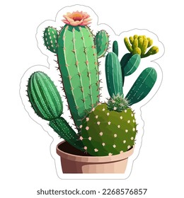A vibrant vector image of a cactus sticker, perfect for adding some southwestern flair to any project. The bold colors and detailed design make this sticker stand out.