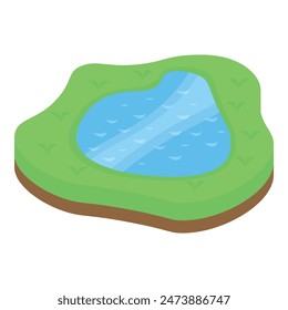 Vibrant vector image of a peaceful pond on a grassy base, ideal for children's books