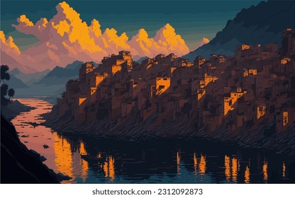 Vibrant vector image showcasing the enchanting allure of a mountain river in its pristine surroundings.