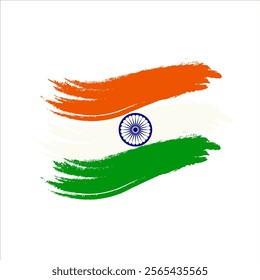 A vibrant vector of the Indian flag with brush stroke effect, featuring saffron, white, green, and the Ashoka Chakra. Ideal for patriotic designs, India-themed projects, and national holidays.