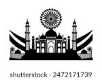 Vibrant vector of Indian flag with Taj Mahal, India Gate, Red Fort, and festive decorations for India’s Independence Day.
