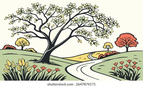 Vibrant vector landscape illustrating spring or autumn with a blossoming tree, winding path, and colorful flowers amidst rolling hills.