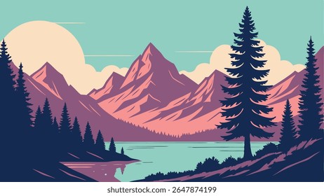 Ilustração de paisagem vetorial vibrante com montanhas majestosas, um lago sereno e florestas de pinheiros exuberantes sob um céu tranquilo, perfeito para viagens e temas ao ar livre.