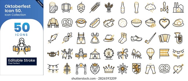 A vibrant vector line icon set featuring 50 Oktoberfest, Bavarian culture, and beer festival elements designed in a modern dual-tone black and gold outline style. Includes icons for draft beer mugs, wooden kegs, hops, wheat, traditional Bavarian attire (lederhosen and dirndl), German food (pretzels, bratwurst, roast chicken, sauerkraut, gingerbread hearts), carnival rides (ferris wheel, carousel, roller coaster), festival tents, accordion music, and decorative bunting. Ideal for Oktoberfest event invitations, pub menu designs, travel marketing, festival posters, and mobile event guides.